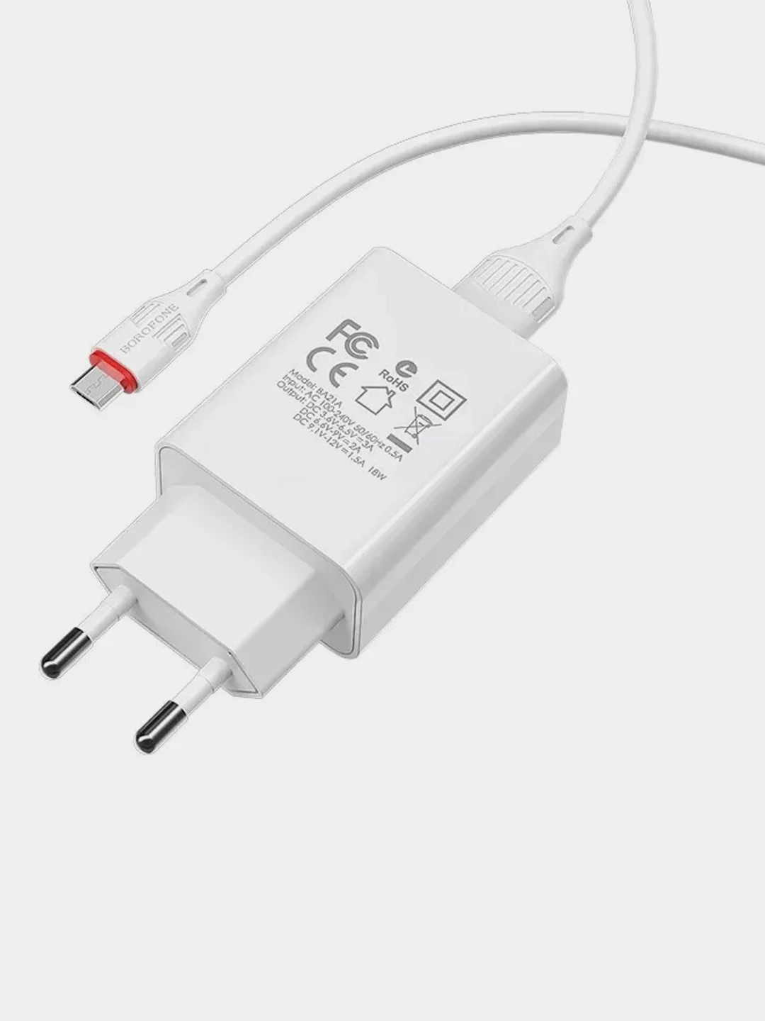 Белый сетевое зарядное устройство Borofone BA21A и кабель Micro-USB, быстрая зарядка