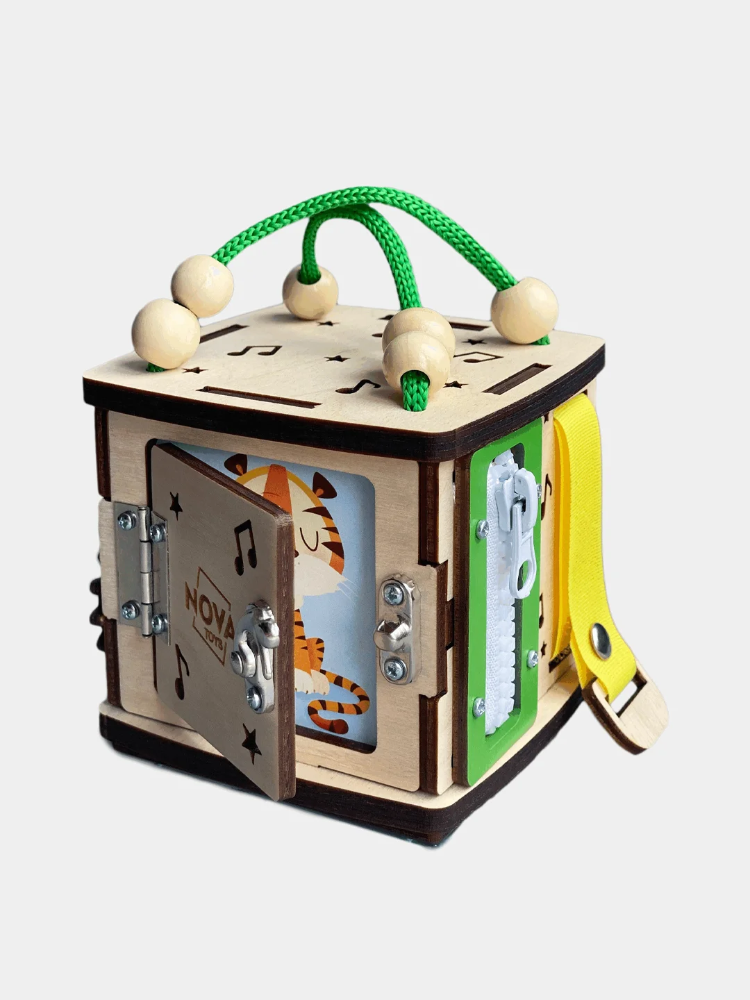 Бизиборд 10 см, NOVA Toys Бизикубик, развивающая деревянная игрушка для детей в дорогу