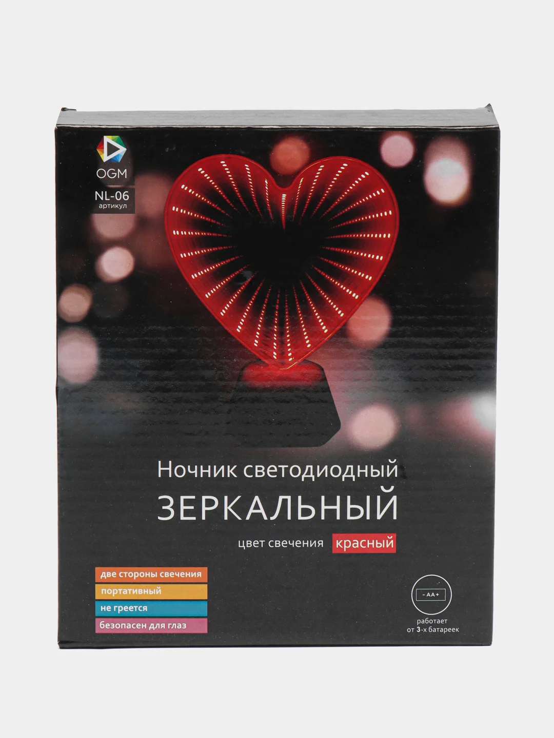 Светодиодный светильник, ночник зеркальный "Сердце", красный, 3хR6 пластик, от батареек