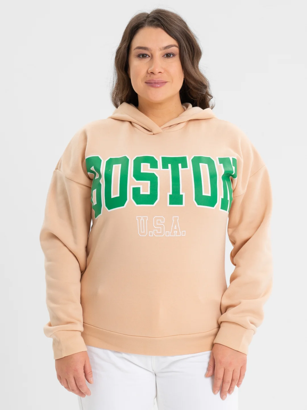 Бежевый худи женское утепленное Boston, толстовка с капюшоном на флисе