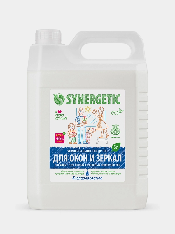Средство для стекол и зеркал SYNERGETIC универсальное, 5 л