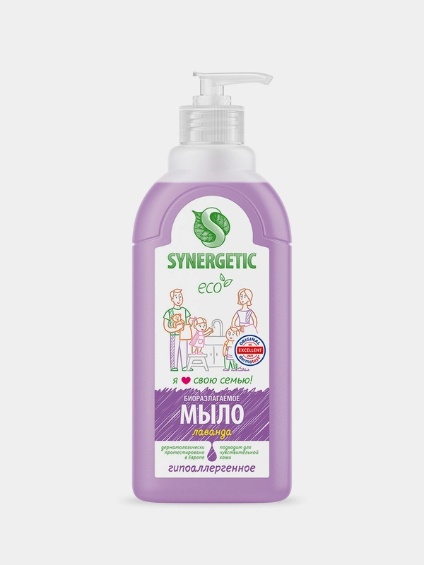 Мыло жидкое для рук SYNERGETIC "Лаванда", с эффектом увлажнения, гипоаллергенное, 0,5 л