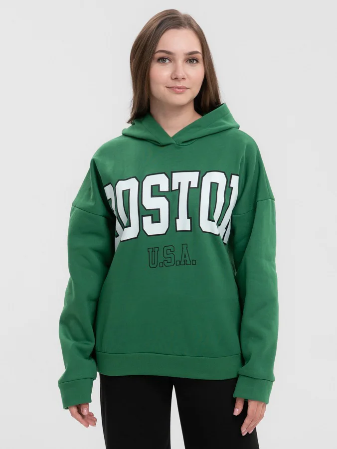 Лесной зеленый худи женское утепленное Boston, толстовка с капюшоном на флисе
