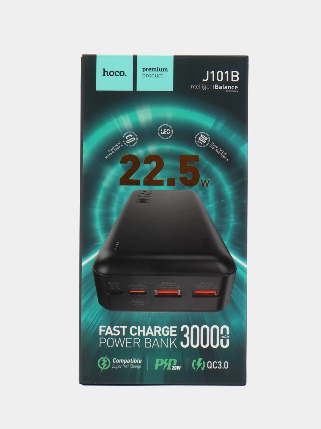 Белый внешний аккумулятор 30000mAh 2USB+ Type-C 3.0A PD 22.5W c LED-индикатором Hoco J101B