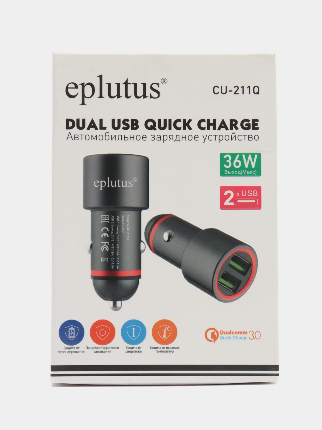 Автомобильное зарядное устройство Eplutus CU-211Q, 2 USB-порта, 36W