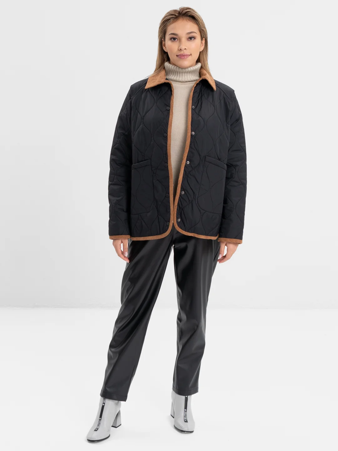 Черный куртка-рубашка oversize стеганная, женская, осенняя