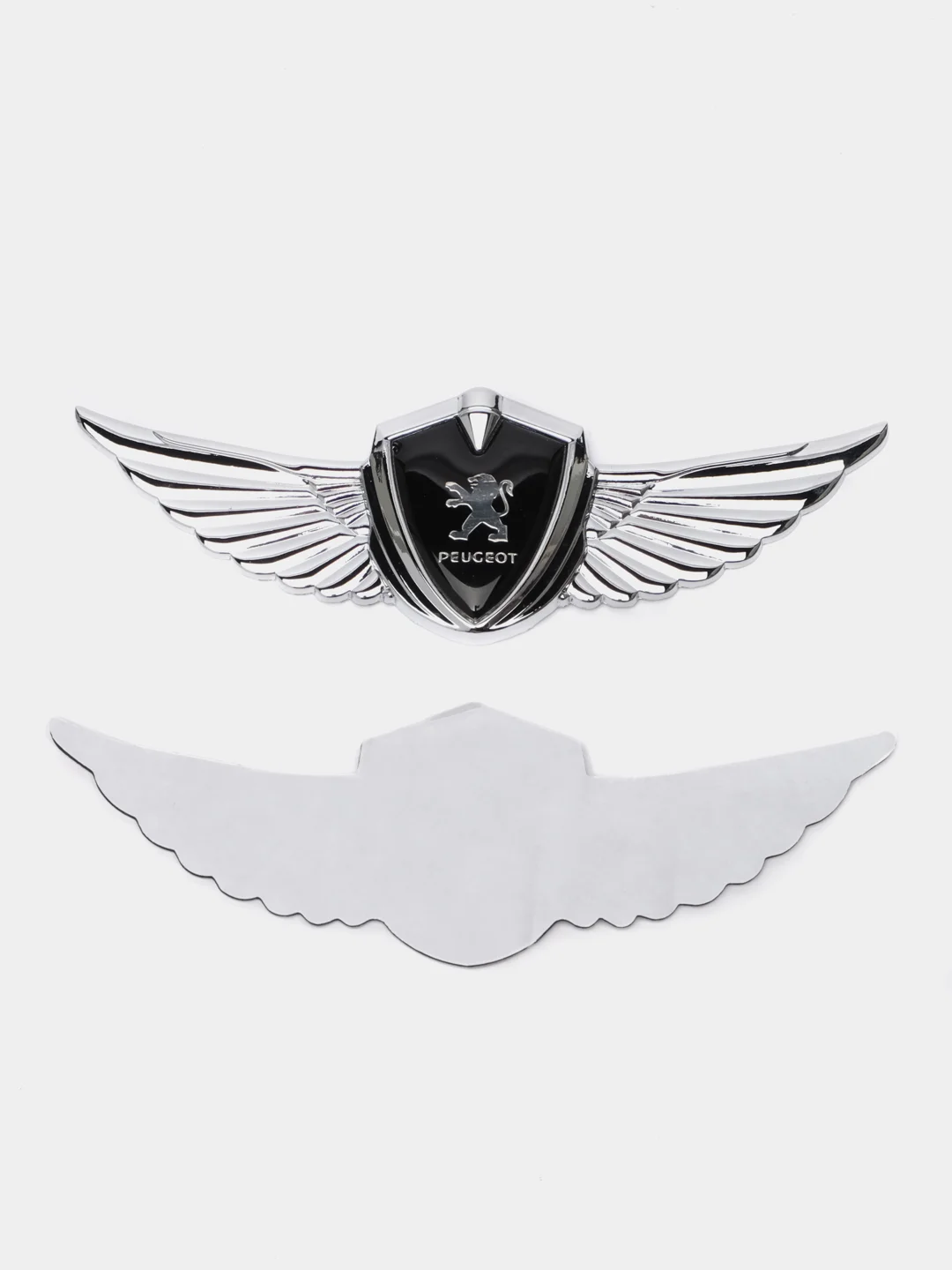 Серебряный шильдик, наклейка Peugeot, орел, крылья Пежо, 125 х 40 мм