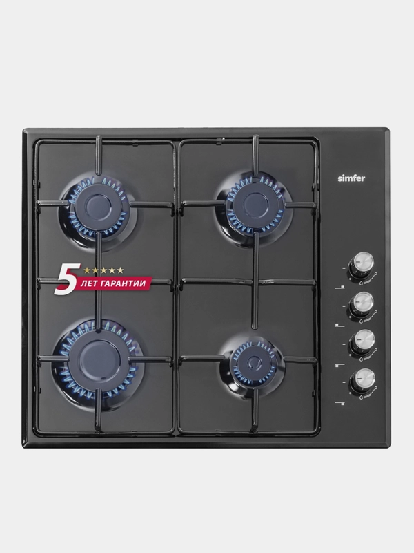 Газовая варочная панель Simfer H60Q40B470, эмалированные решетки, автоподжиг, черная