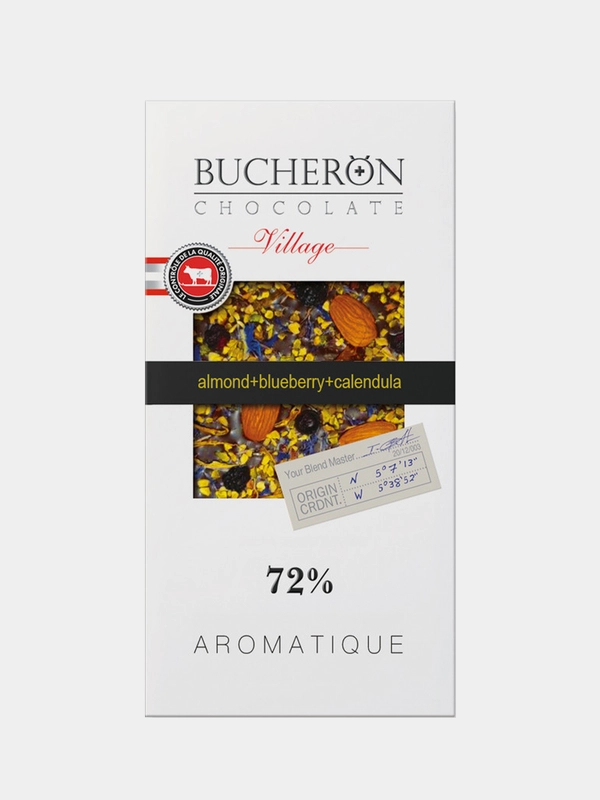 Шоколад горький 72% BUCHERON с миндалем, черникой, фисташками, календулой и васильком,100г
