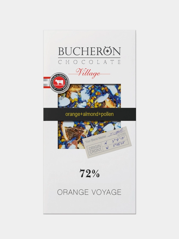 Шоколад горький 72% BUCHERON VILLAGE с апельсином, миндалем, пыльцой и васильком, 100г