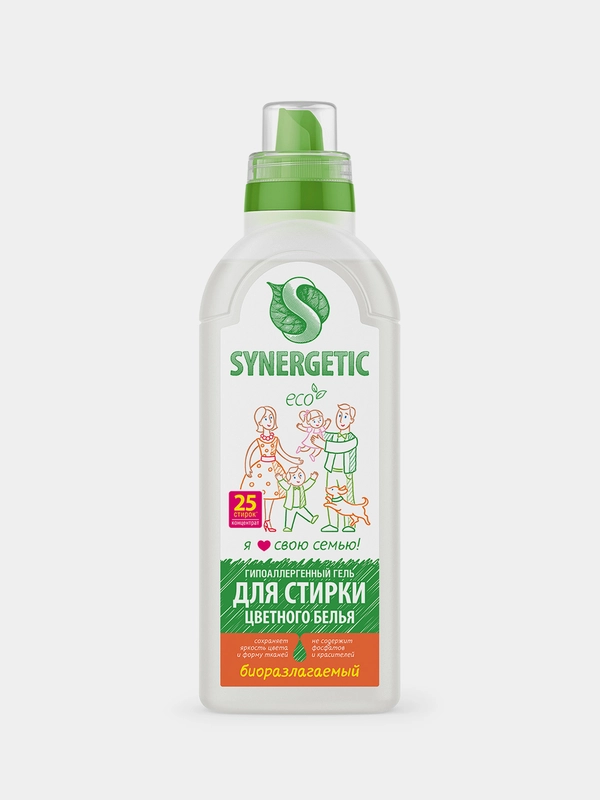 Гель для стирки SYNERGETIC для цветного белья, 0,75 л, 25 стирок