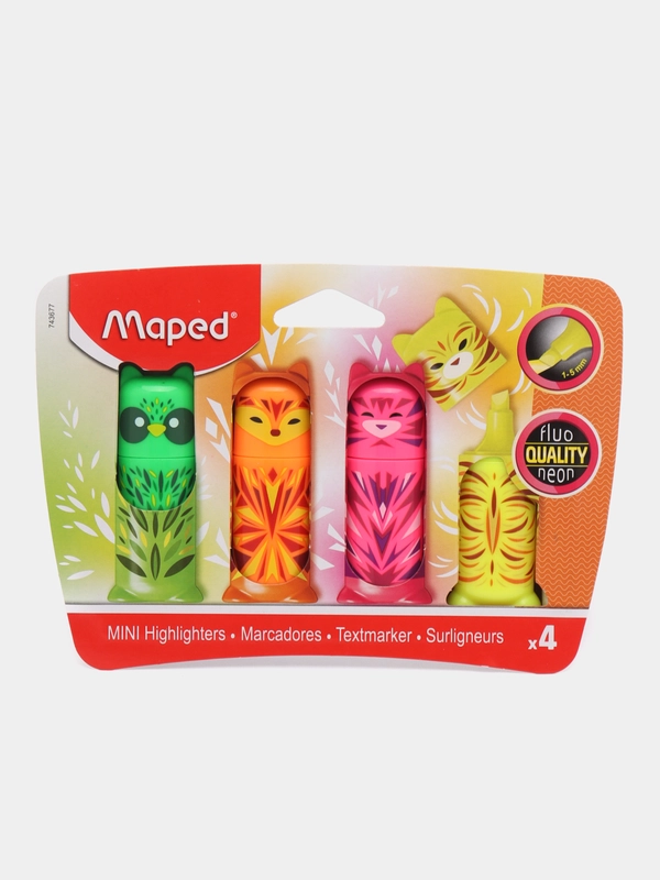Маркер-текстовыделитель, для выделения текста, Maped, 4 штуки мини, линия 1-5 мм, 743677