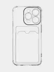 Прозрачный чехол для iPhone 15 Pro противоударный силиконовый ROSCO с карманом для карт защитой углов