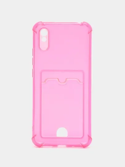 Розовый чехол для Xiaomi Redmi 9A, Сяоми Редми 9А прозрачный, с карманом для карты
