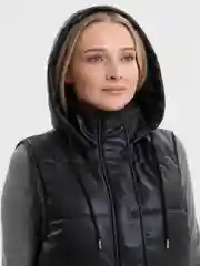 Черный жилет женский удлиненный, из экокожи, с капюшоном, безрукавка
