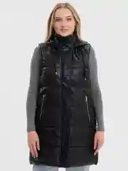 Черный жилет женский удлиненный, из экокожи, с капюшоном, безрукавка