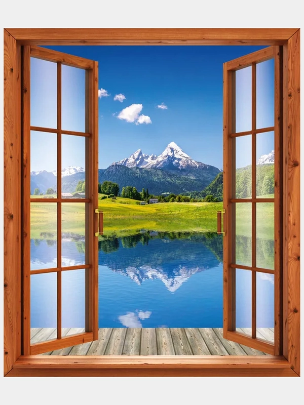 Бумажные фотообои Postermarket "Окно в горное озеро", 119х140 см