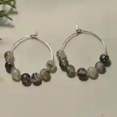 Серый серьги кольца с натуральными камнями, D3 см, в подарочной коробке с мешочком и салфеткой