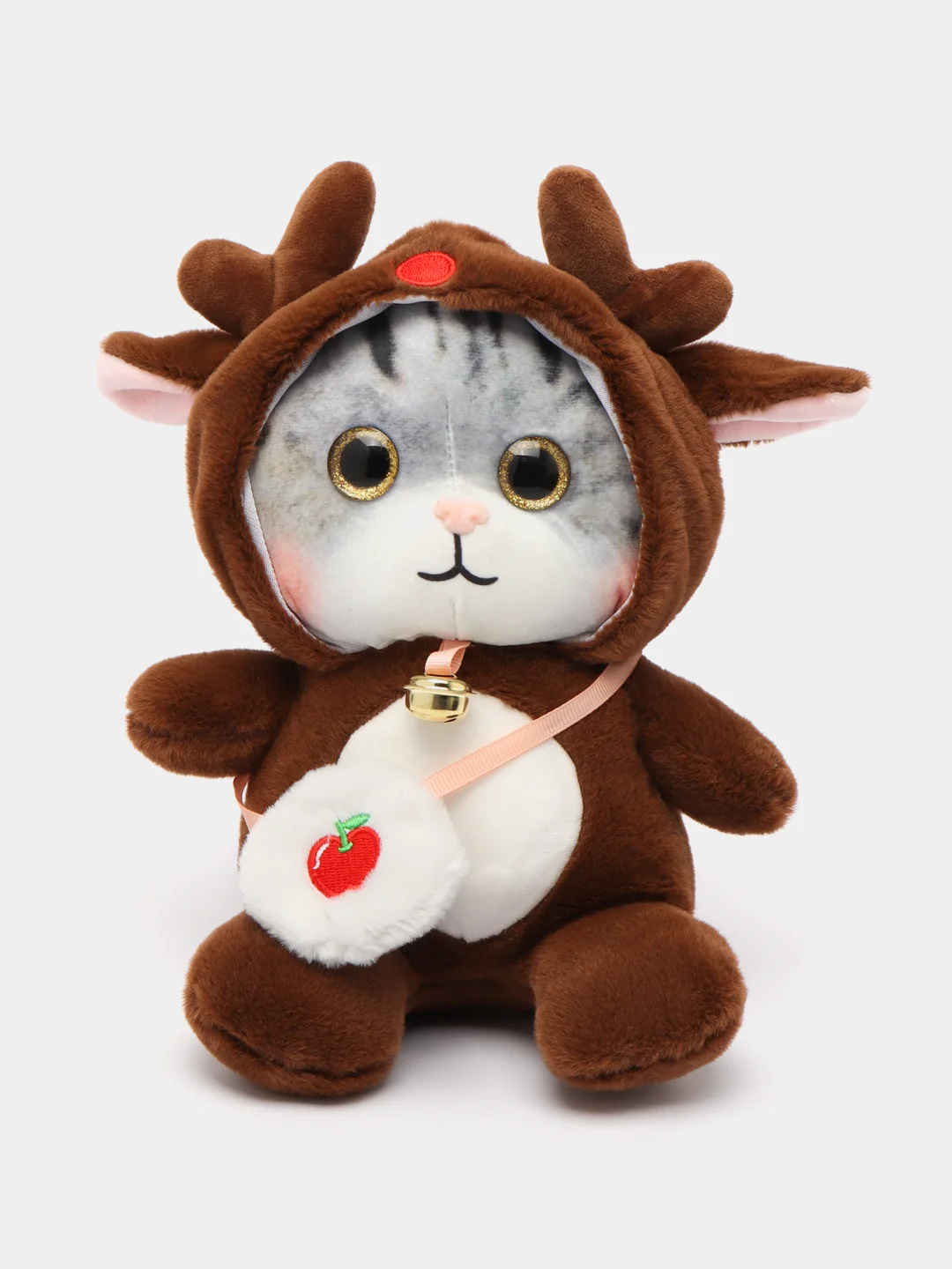 Коричневый мягкая игрушка кошка в костюме, плюшевая с бубенцом, 24 см