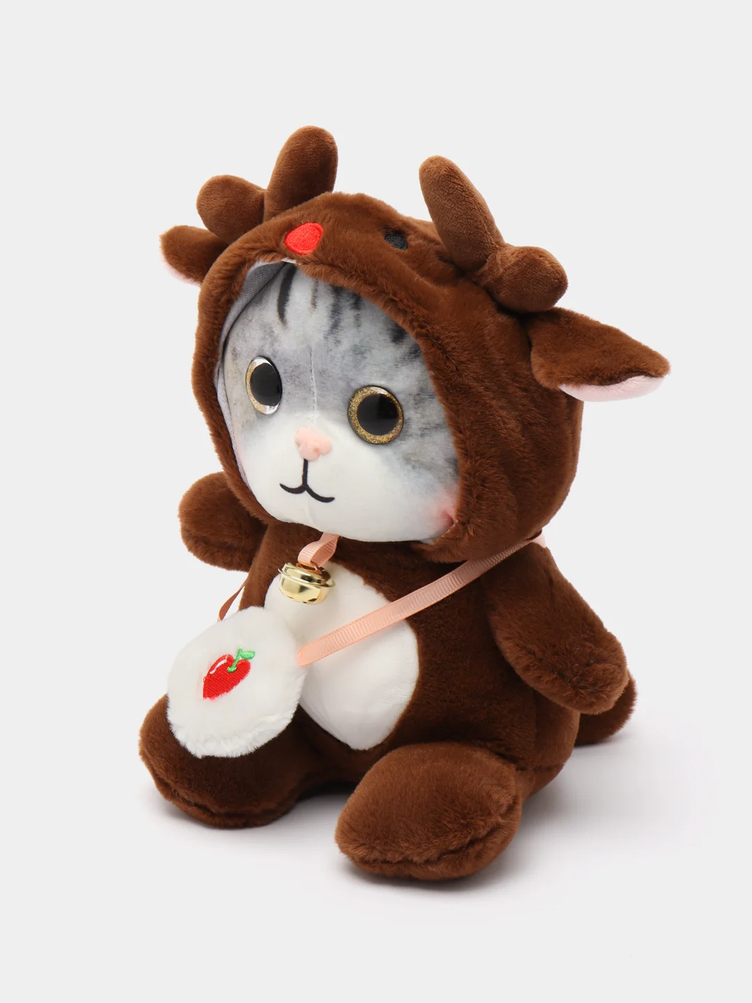 Коричневый мягкая игрушка кошка в костюме, плюшевая с бубенцом, 24 см