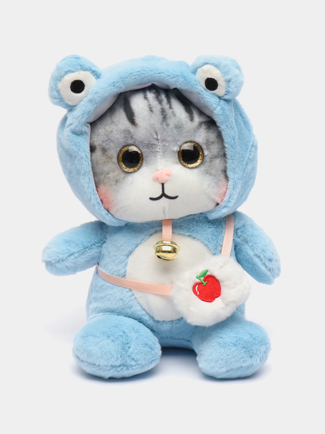Голубой мягкая игрушка кошка в костюме, плюшевая с бубенцом, 24 см