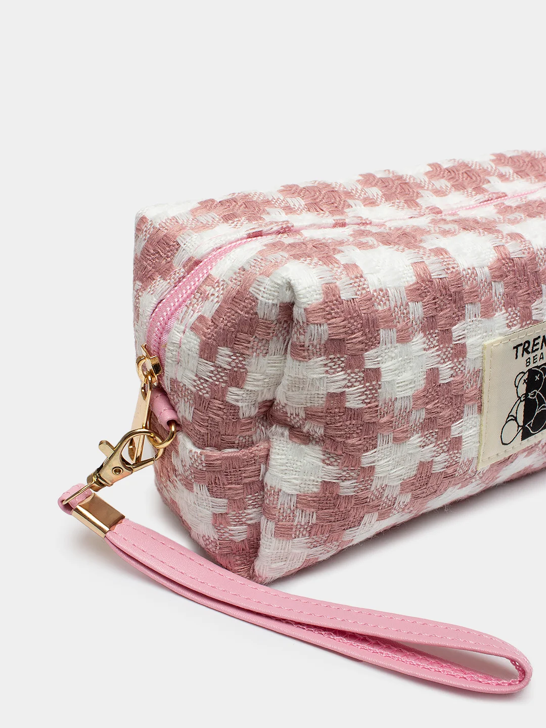 Розовый пенал-косметичка, в клетку, мягкий, мишка Trendy