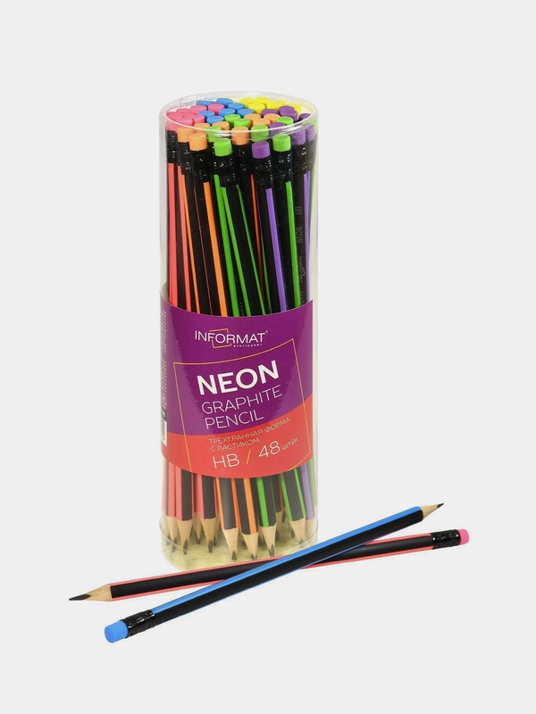 Карандаш чернографитный INFORMAT NEON НВ, с ластиком, 48шт