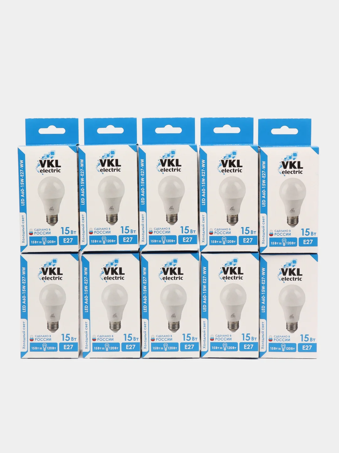 10 шт, лампочка светодиодная 15W, E27, A60, 6500K, 220V, VKL