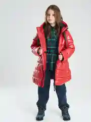 Красный куртка для девочки SMENA зимняя удлиненная, с капюшоном