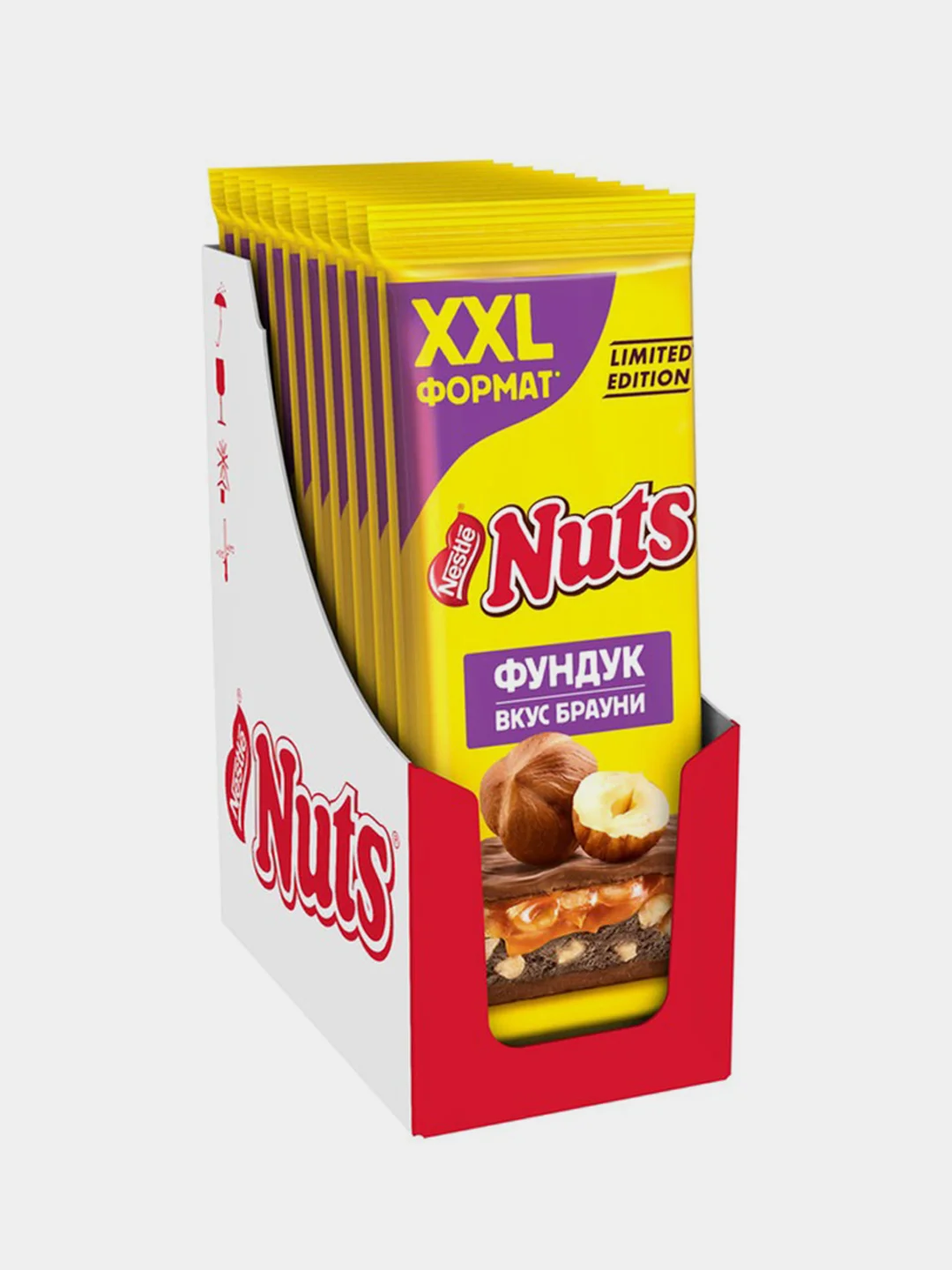 Молочный шоколад NUTS с фундуком и начинкой со вкусом брауни, 2XL-формат, 180г