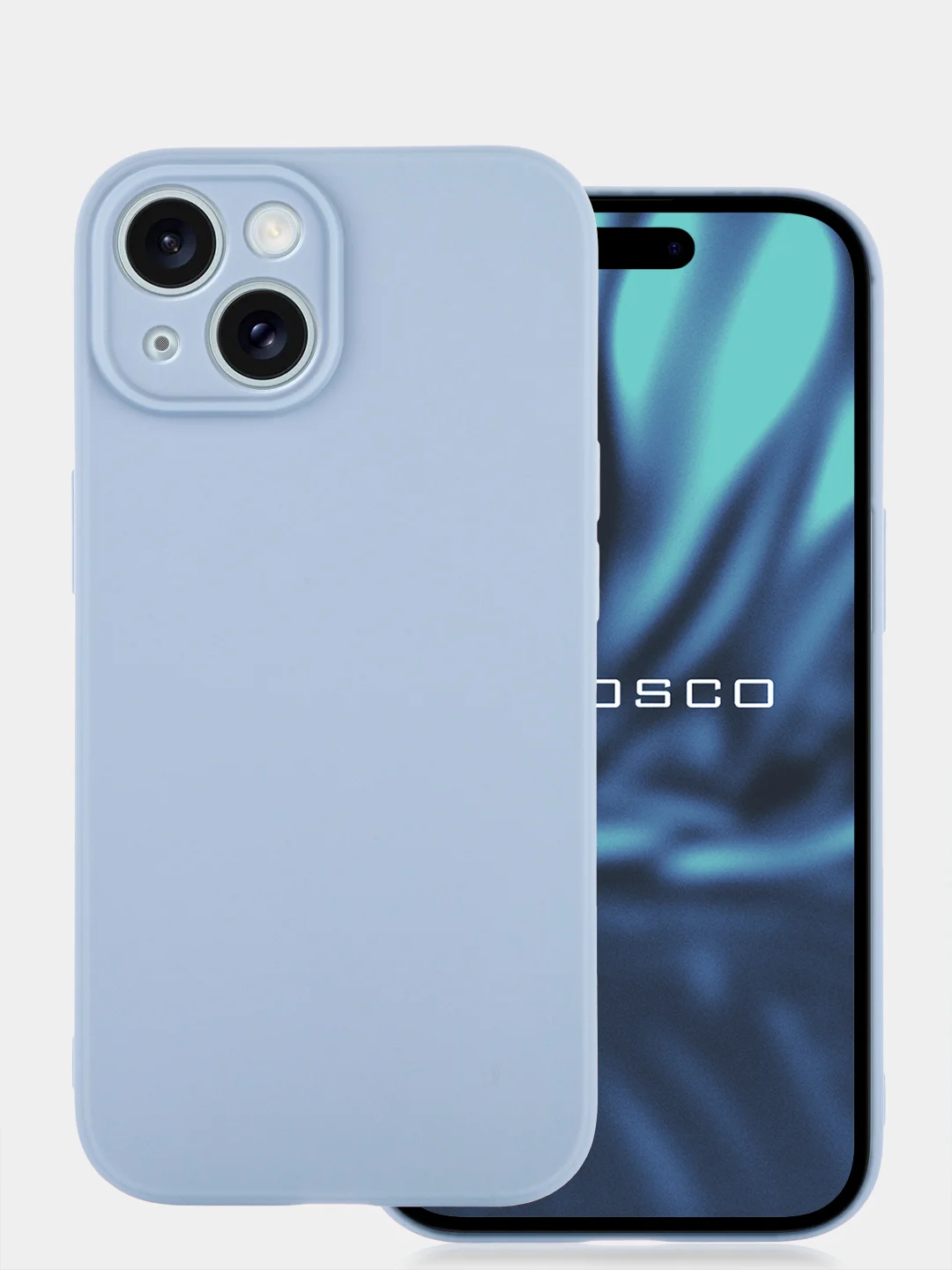 Светло-синий чехол + стекло для iPhone 15 силиконовый ROSCO матовый тонкий с бортиком- защитой камер