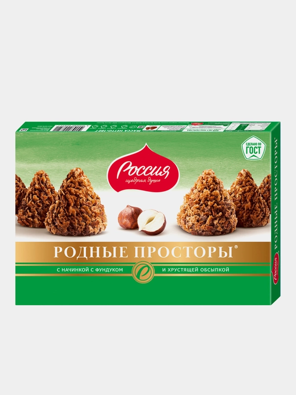 Конфеты Родные Просторы с фундуком и вафельной крошкой, Россия-Щедрая душа, 180г