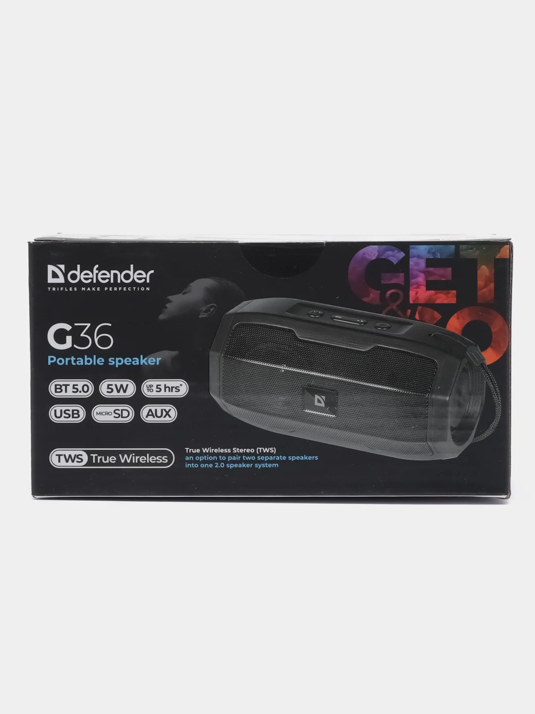 Колонка портативная Defender G36, 5 Вт, Bluetooth, FM-тюнер, USB, черная, 513813