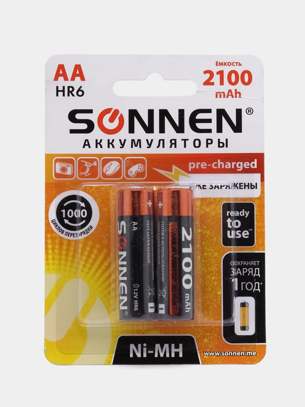 Батарейки аккумуляторные 2 штуки, SONNEN, АА (HR6), Ni-Mh, 2100mAh, в блистере, 454234
