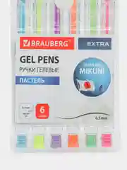 Гелевые ручки цветные Brauberg Extra, набор 6 шт для школы и рисования пастельные, 143910