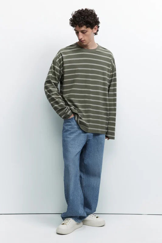 Хаки лонгслив мужской Befree oversize с принтом в полоску