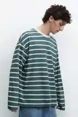 Зеленый лонгслив мужской Befree oversize с принтом в полоску