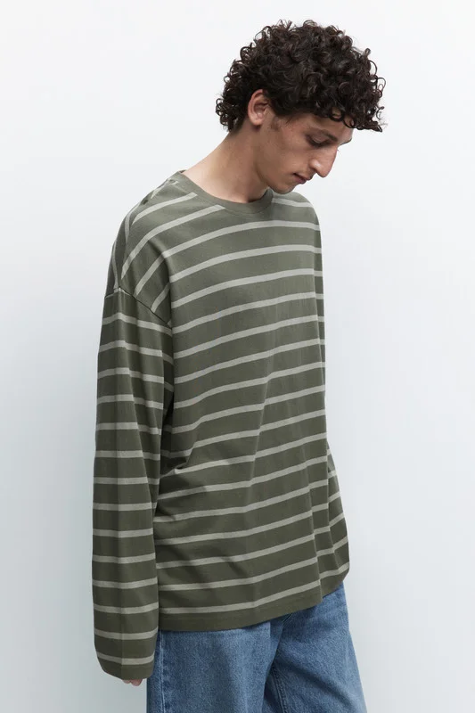 Хаки лонгслив мужской Befree oversize с принтом в полоску
