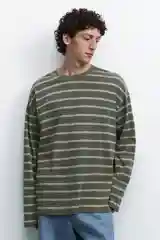Зеленый лонгслив мужской Befree oversize с принтом в полоску