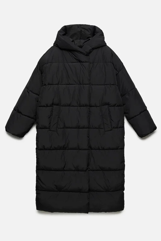 Черный пальто женское Befree oversize стеганое длинное с капюшоном