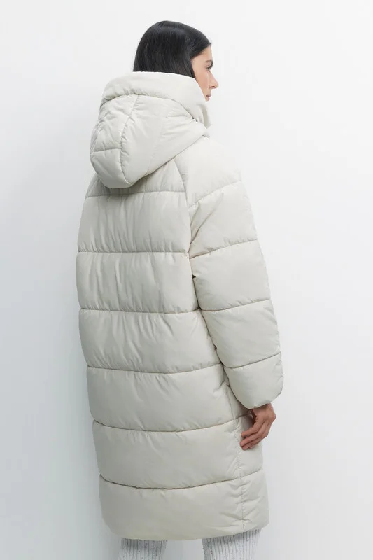 Бежевый меланж пальто женское Befree oversize стеганое длинное с капюшоном