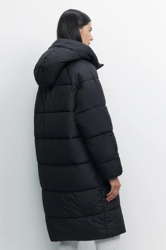 Бежевый меланж пальто женское Befree oversize стеганое длинное с капюшоном
