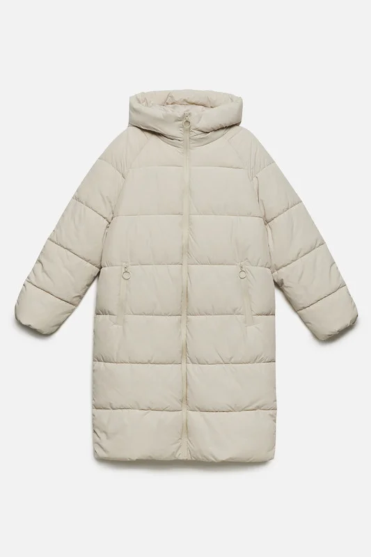 Бежевый меланж пальто женское Befree oversize стеганое длинное с капюшоном