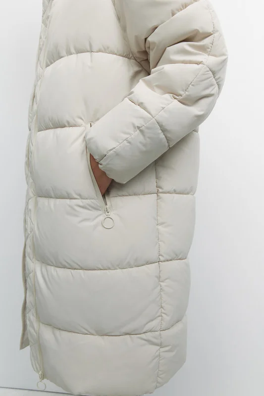 Бежевый меланж пальто женское Befree oversize стеганое длинное с капюшоном