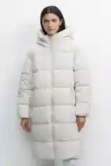 Бежевый меланж пальто женское Befree oversize стеганое длинное с капюшоном