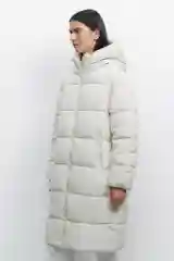 Бежевый меланж пальто женское Befree oversize стеганое длинное с капюшоном