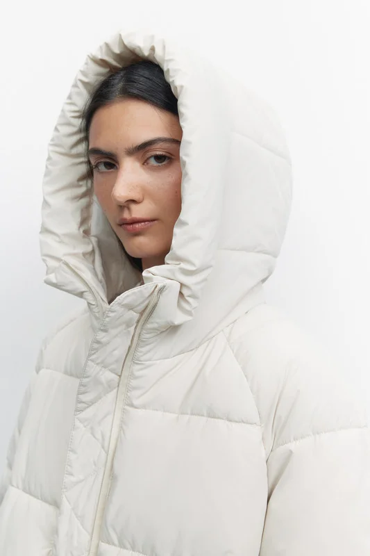 Бежевый меланж пальто женское Befree oversize стеганое длинное с капюшоном