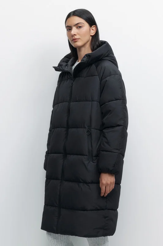 Бежевый меланж пальто женское Befree oversize стеганое длинное с капюшоном