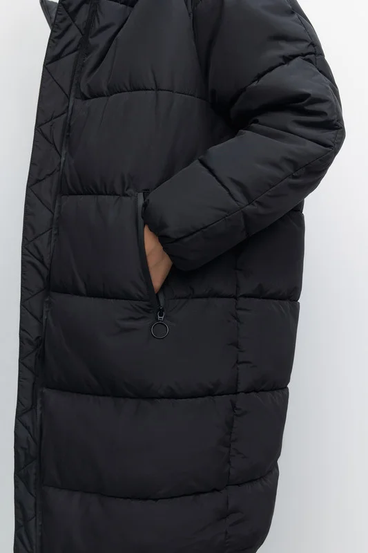 Бежевый меланж пальто женское Befree oversize стеганое длинное с капюшоном