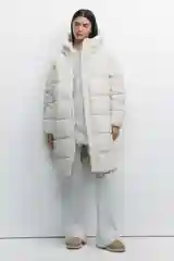 Бежевый меланж пальто женское Befree oversize стеганое длинное с капюшоном